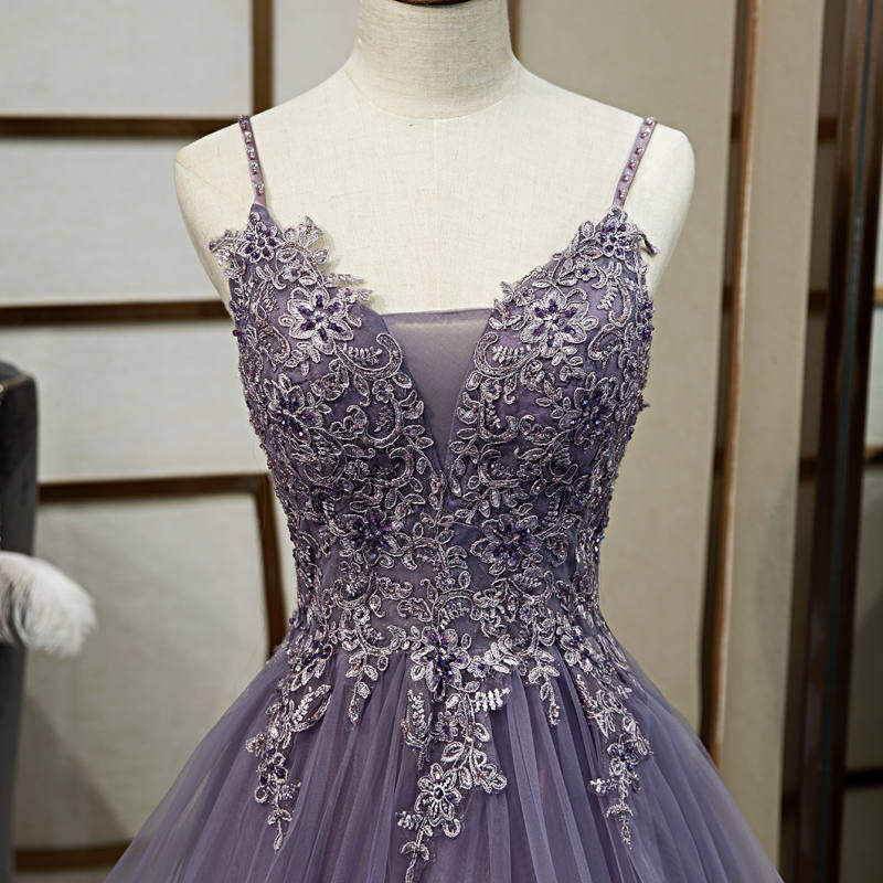 Spaghetti Straps Appliqued Lavender Long Prom Dress M68