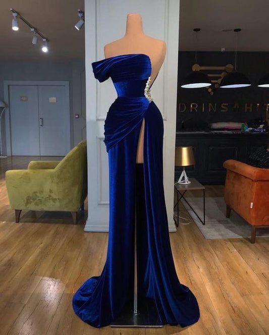 Robe de soirée longue fendue en velours bleu roi à une épaule M4925