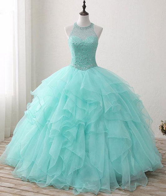 Robe de bal longue en tulle vert à col rond et perles, robe Sweet 16 M4885