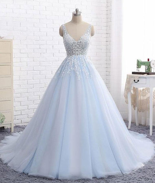 Robe de bal longue en tulle et dentelle bleue à col en V, robe de soirée bleue M4854