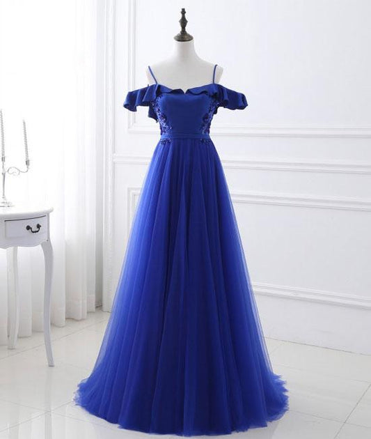 Robe de bal longue en tulle bleu à épaules dénudées, robe de soirée bleue M4783