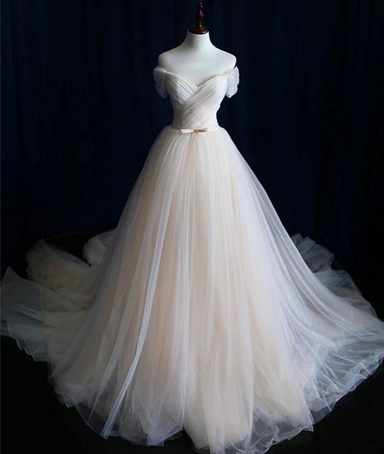 Robe de bal longue en tulle champagne clair et simple, robe de mariée en tulle champagne M4890