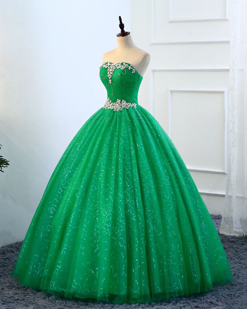 Strapless Green Sequins Tulle Long A Line Beaded Prom Dress, Formal Dress M5445
