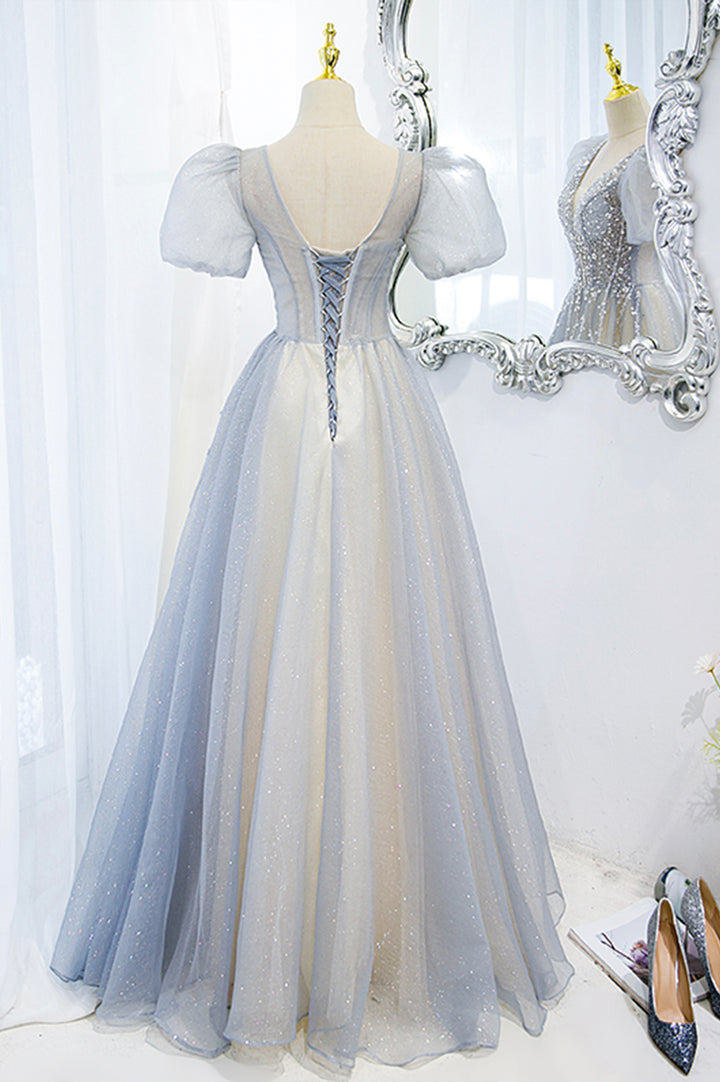 Robe de soirée longue en tulle gris avec perles M5311