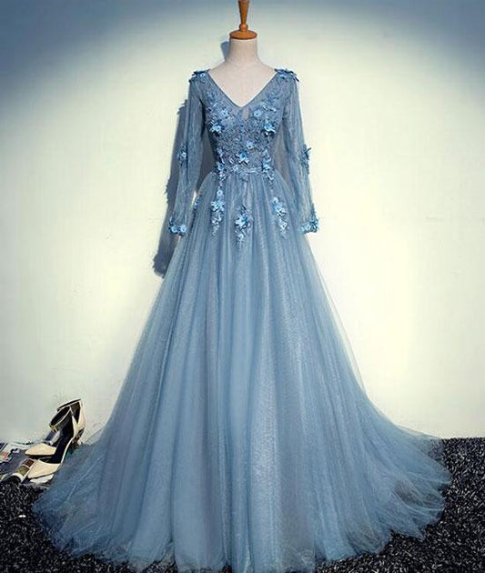 Robe de soirée longue en tulle et dentelle bleue à col en V, robe de soirée en tulle M4879