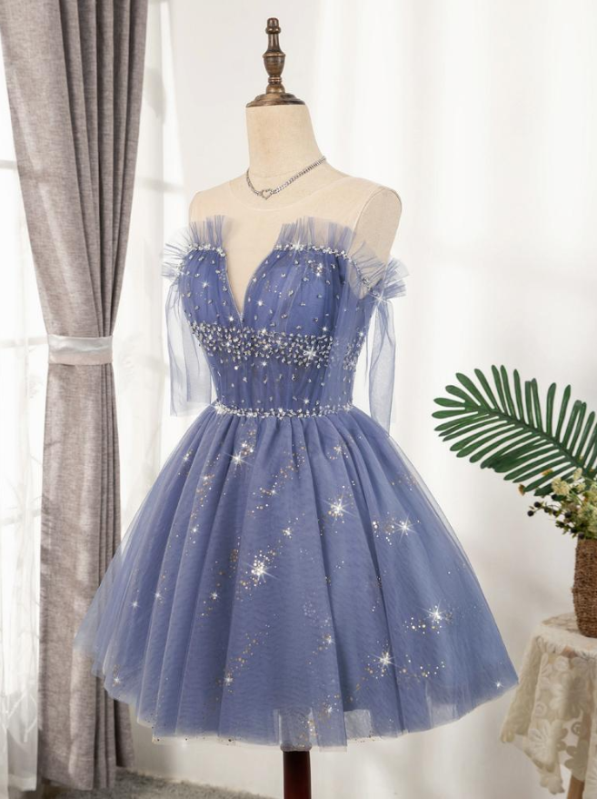 Sparkly Blue Homecoming Dresses 2022 Ruffled Hoco Dress M5909