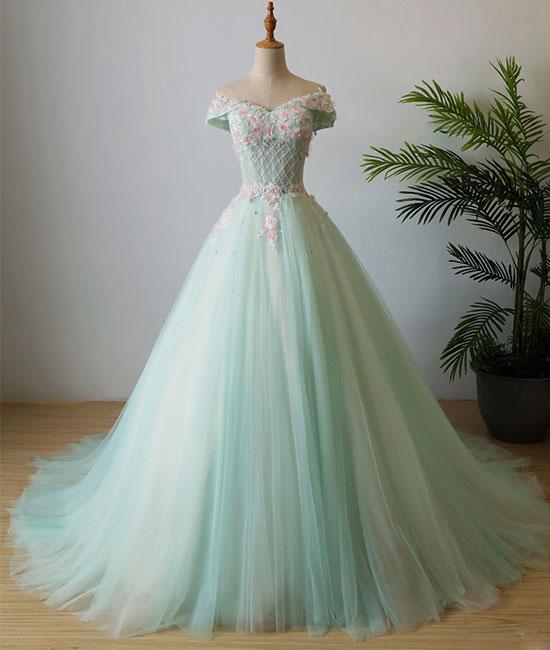 Robe de bal longue en tulle vert à col en V et perles, robe de soirée en tulle M4878