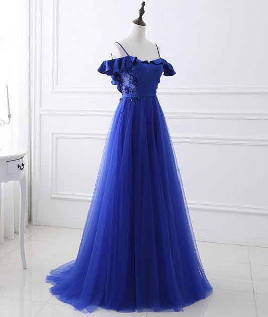 Robe de bal longue en tulle bleu à épaules dénudées, robe de soirée bleue M4783