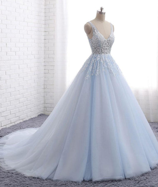 Robe de bal longue en tulle et dentelle bleue à col en V, robe de soirée bleue M4854