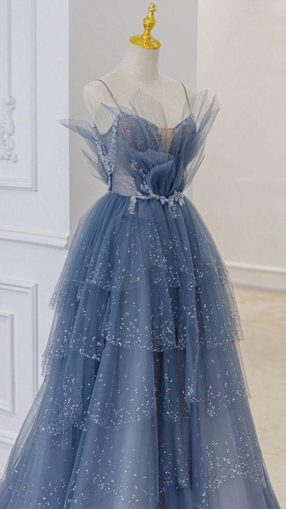 Robe de bal longue en tulle bleu à paillettes M4985