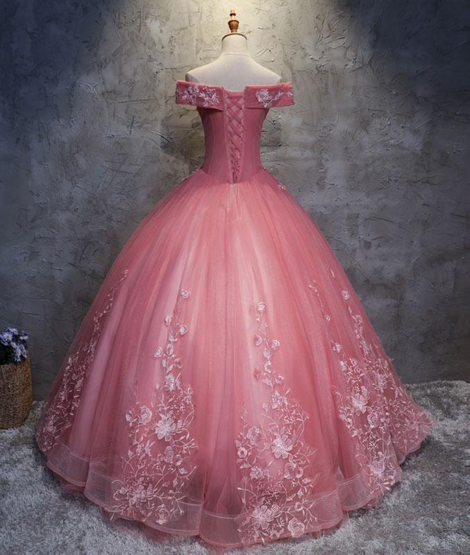 Pink sweetheart tulle lace applique long prom gown, sweet 16 dress M4808
