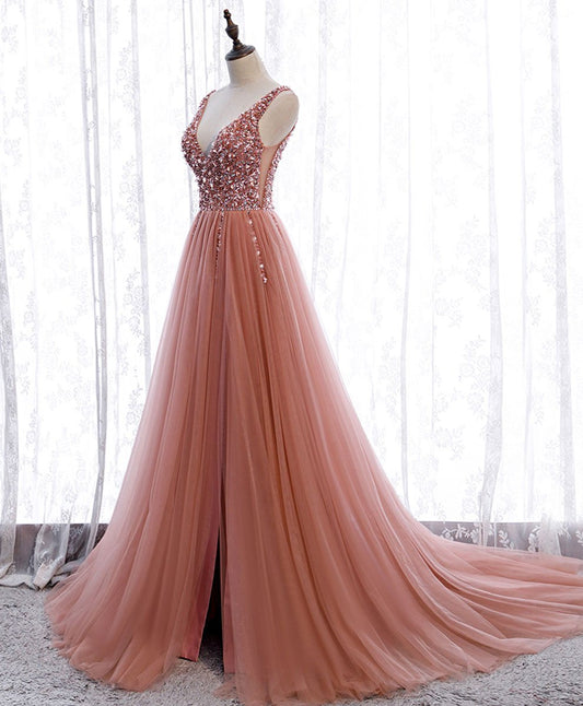 Robe de bal longue rose à col en V et paillettes en tulle, robe de soirée rose M4932