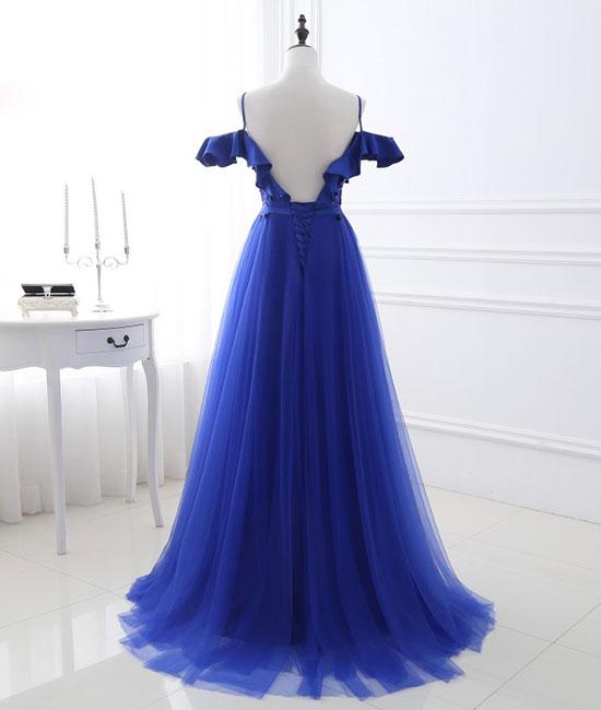 Robe de bal longue en tulle bleu à épaules dénudées, robe de soirée bleue M4783