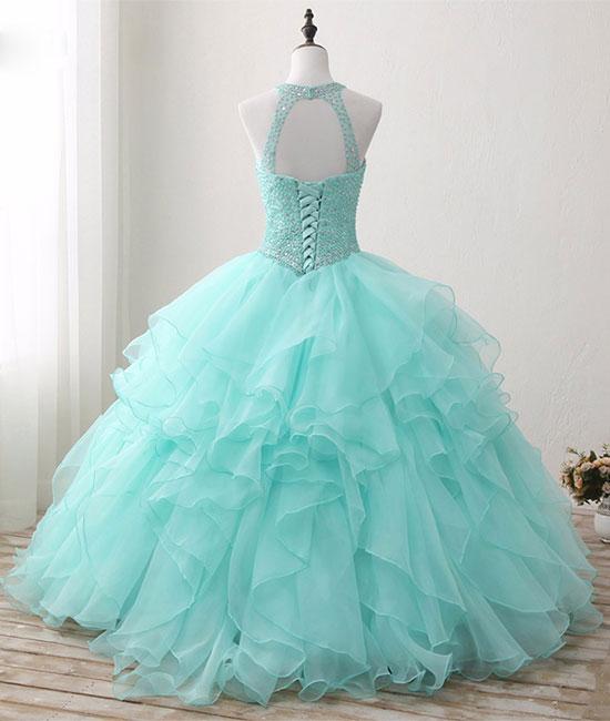 Robe de bal longue en tulle vert à col rond et perles, robe Sweet 16 M4885