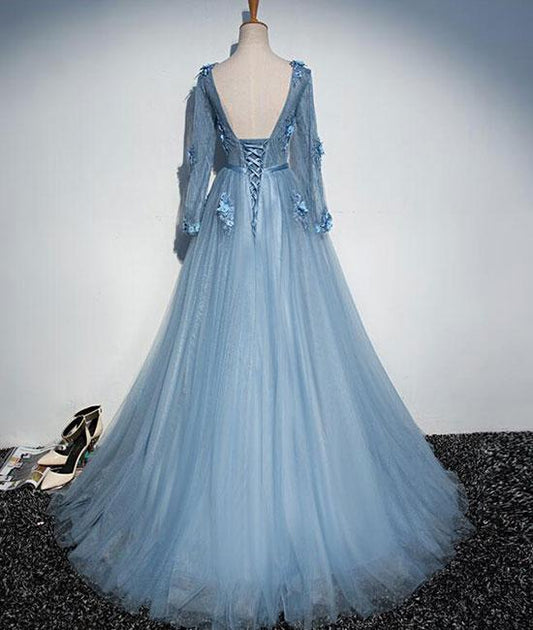 Robe de soirée longue en tulle et dentelle bleue à col en V, robe de soirée en tulle M4879