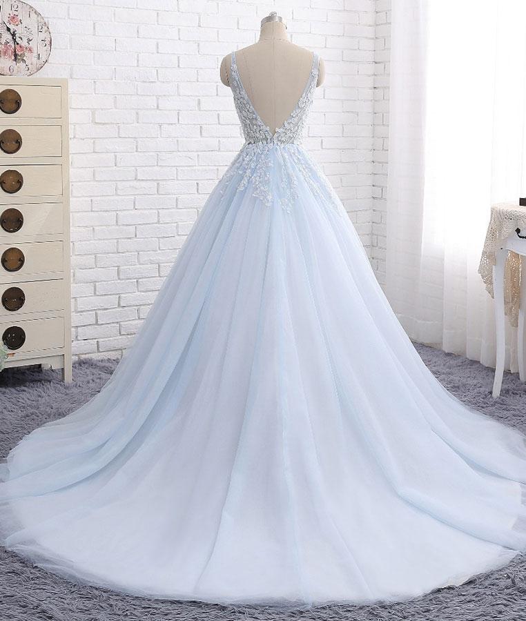 Robe de bal longue en tulle et dentelle bleue à col en V, robe de soirée bleue M4854