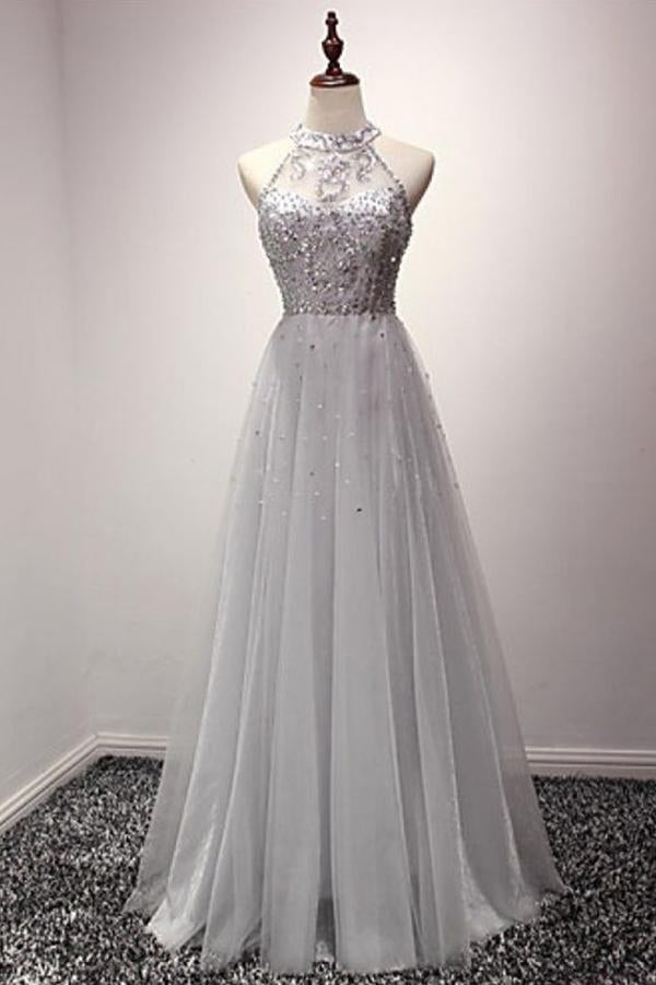 Cheap Silver A Line Jewel Sleeveless Organza Prom Dress with Sequins Crystals M1419