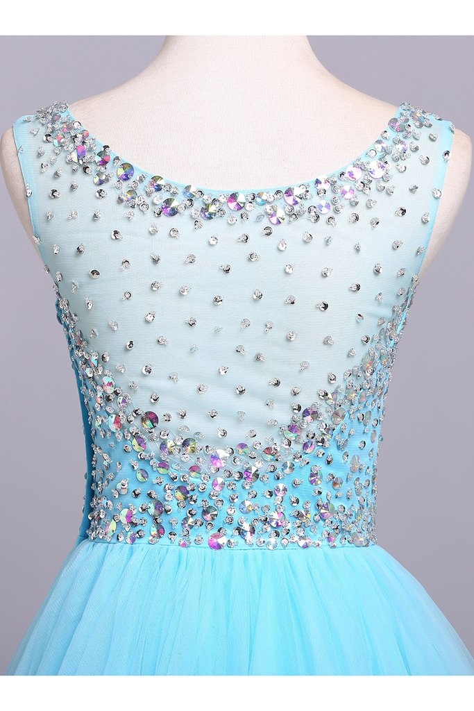 Robe de bal bleue en tulle sans manches avec paillettes, longueur au sol, bouffante, M1505