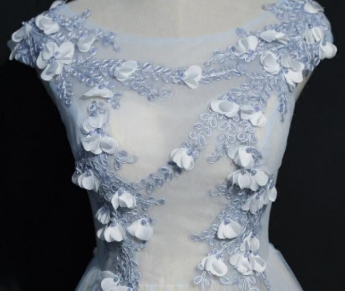 A Line Cap Sleeves Tulle Prom Dress, Floor Length Appliqued Evening Dress with Flowers M1489