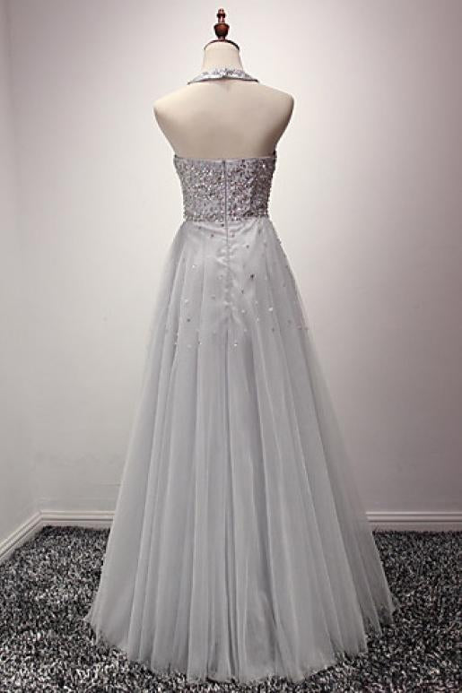 Cheap Silver A Line Jewel Sleeveless Organza Prom Dress with Sequins Crystals M1419