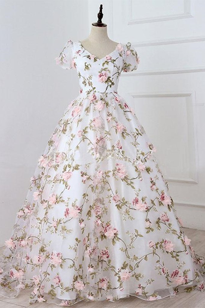 Robe de bal longue blanche à manches courtes et col en V, motif floral 3D rose, robe de soirée formelle blanche à col en V et appliqués roses M2695