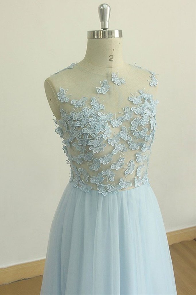 A Line Round Neck Baby Blue Lace Long Prom Dress with Butterfly, Baby Blue Lace Formal Graduation Evening Dress M2801