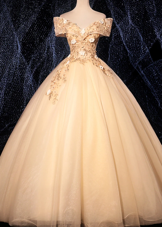 ROBE DE BAL LONGUE EN TULLE ET DENTELLE À COL EN V CHAMPAGNE ROBE DE SOIRÉE CHAMPAGNE M5644