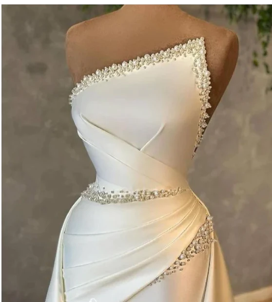 Graceful Ivory Satin Strapless Pleats With Pearls A-line Evening Gowns Prom Dresses M5898