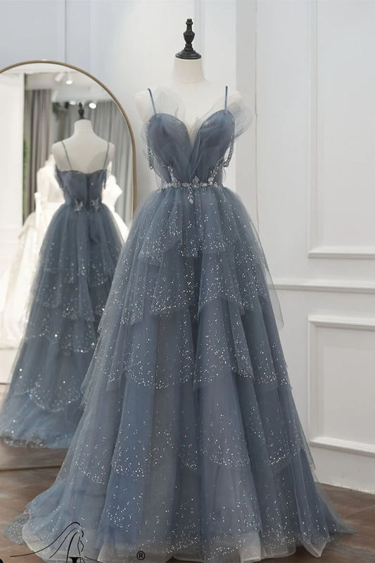 Robe longue de soirée grise à perles, coupe princesse trapèze, PD3289
