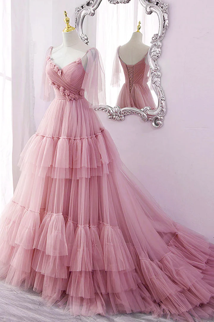 Blue tulle long prom dress A line evening dress,BL2154