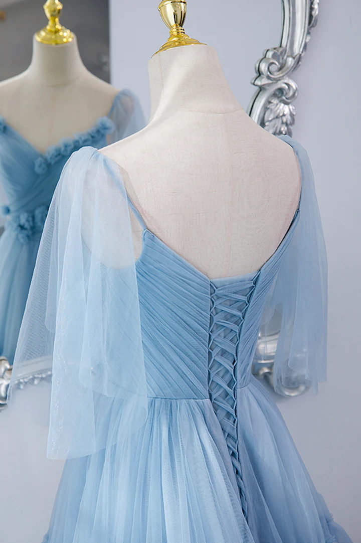 Blue tulle long prom dress A line evening dress,BL2154