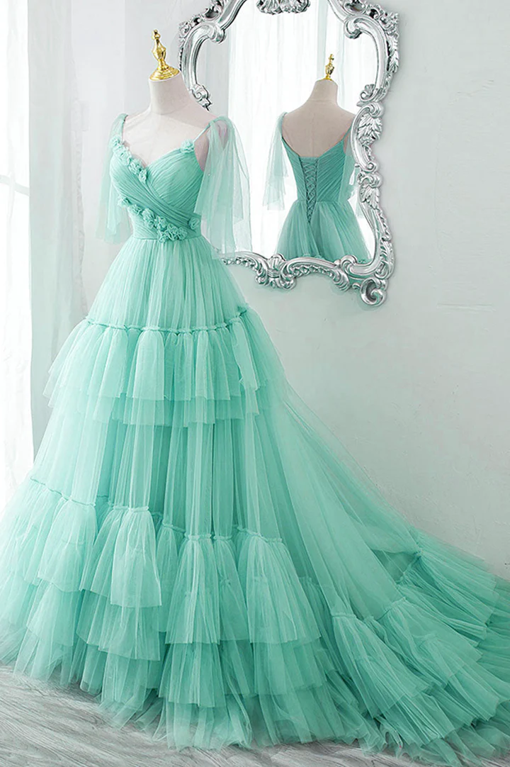 Blue tulle long prom dress A line evening dress,BL2154