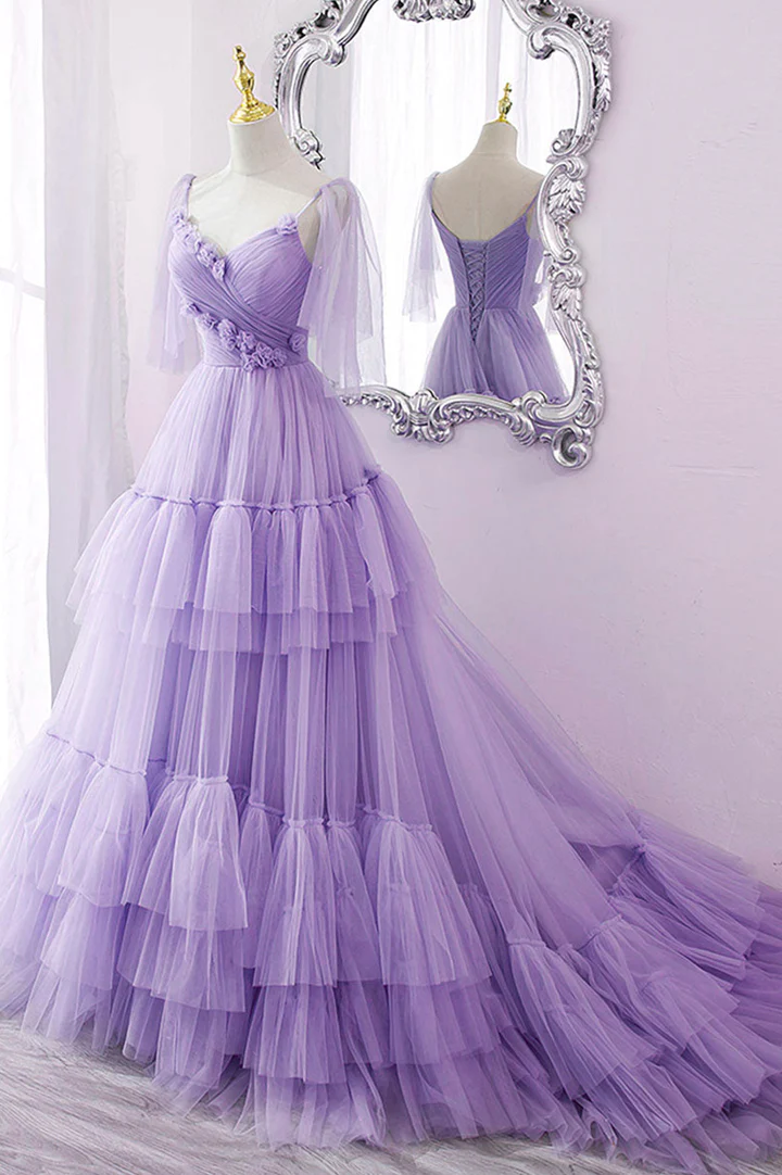 Blue tulle long prom dress A line evening dress,BL2154