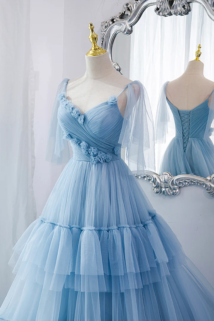 Blue tulle long prom dress A line evening dress,BL2154