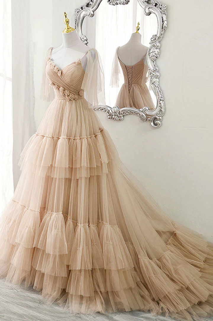 Blue tulle long prom dress A line evening dress,BL2154