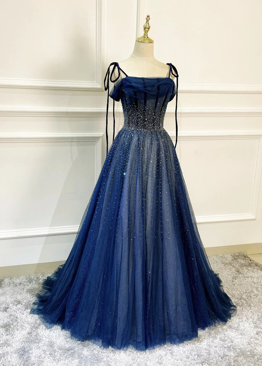 Robe de soirée en tulle bleu avec appliques en dentelle, taille personnalisée, MD6936