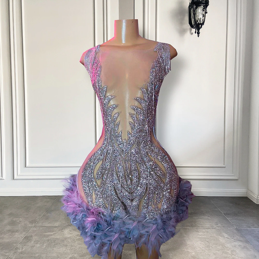 Robe de soirée sexy et transparente pour femme, tenue de soirée courte, luxueuse, argentée, perlée, cristaux, plumes, noire, 2023, MD6919