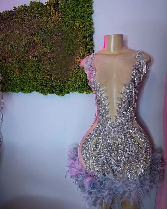 Robe de soirée sexy et transparente pour femme, tenue de soirée courte, luxueuse, argentée, perlée, cristaux, plumes, noire, 2023, MD6919