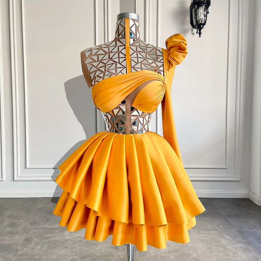 Robe de bal courte en satin doré, manches longues, col haut, cristaux scintillants, pour femme africaine, tenue de cocktail, anniversaire, 2022, MD6939