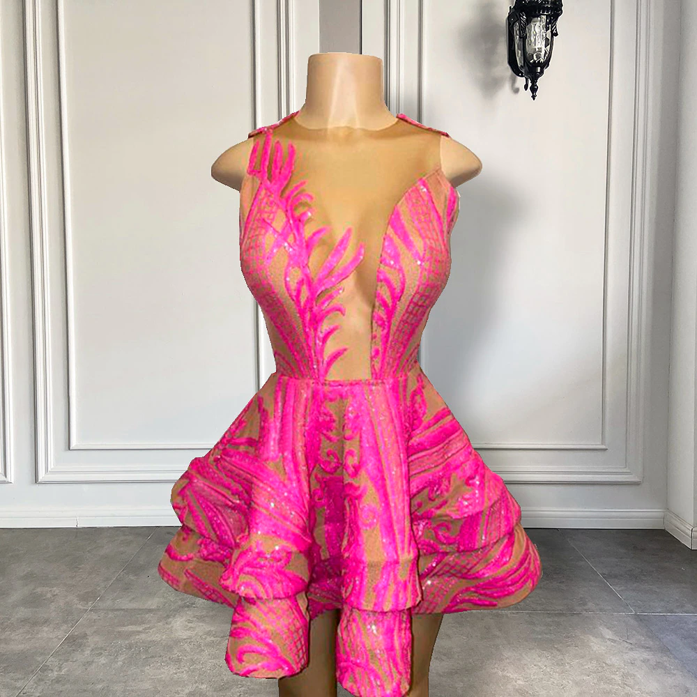 Cute Sheer O-neck Hot Pink Sequin Black Girl Short Prom Dresses 2022 F ModelDressy Cute Sheer O-neck Hot Pink Sequin Black Girl Short Prom Dresses 2022 F ModelDressy