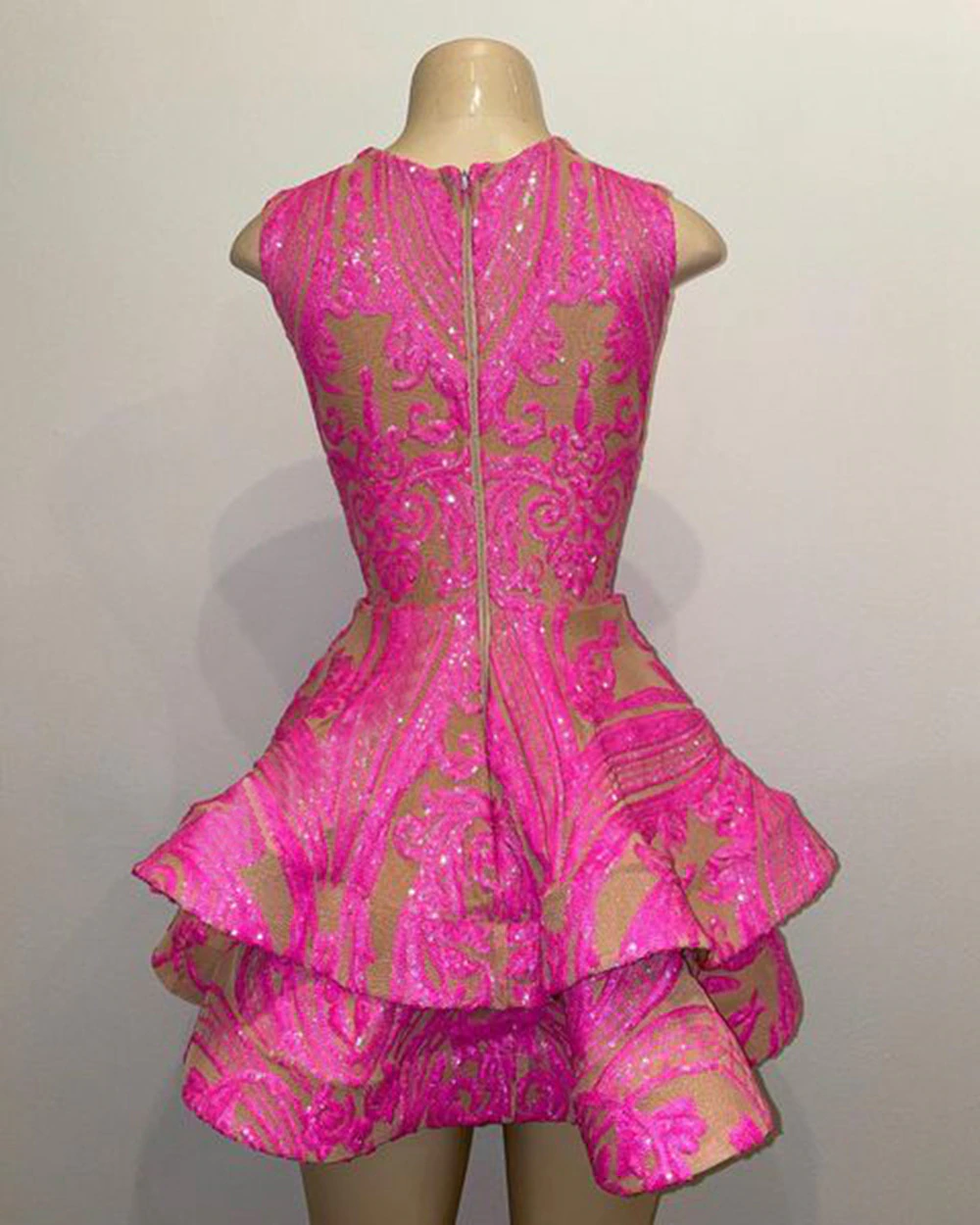 Cute Sheer O-neck Hot Pink Sequin Black Girl Short Prom Dresses 2022 For Birthday Party,MD6969