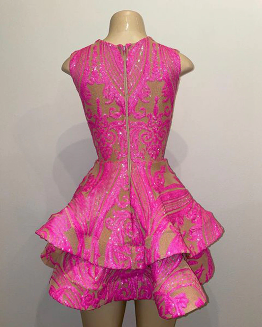 Cute Sheer O-neck Hot Pink Sequin Black Girl Short Prom Dresses 2022 For Birthday Party,MD6969