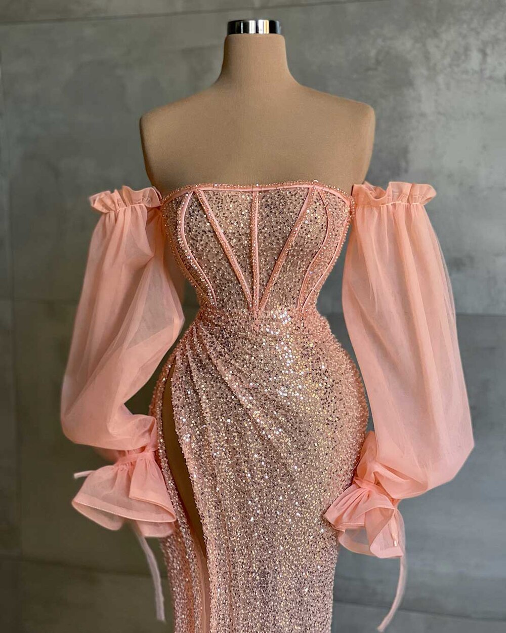 Elegant Long Sleeve Evening Dress Off The Shoulder Sexy High Slit Pink Sequin Dubai Women Evening Party Gowns,MD6965