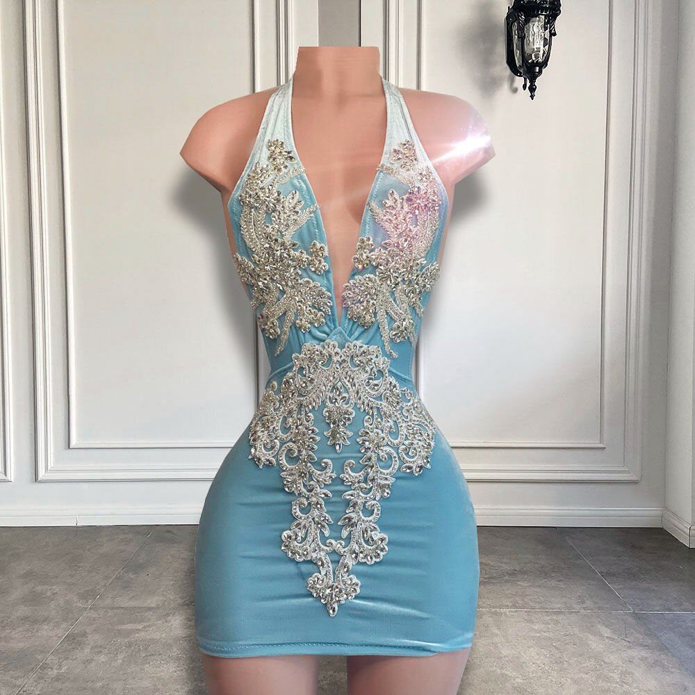V-neck Sparkly Silver Beaded Women Birthday Party Gowns Short Prom Dre ModelDressy V-neck Sparkly Silver Beaded Women Birthday Party Gowns Short Prom Dre ModelDressy