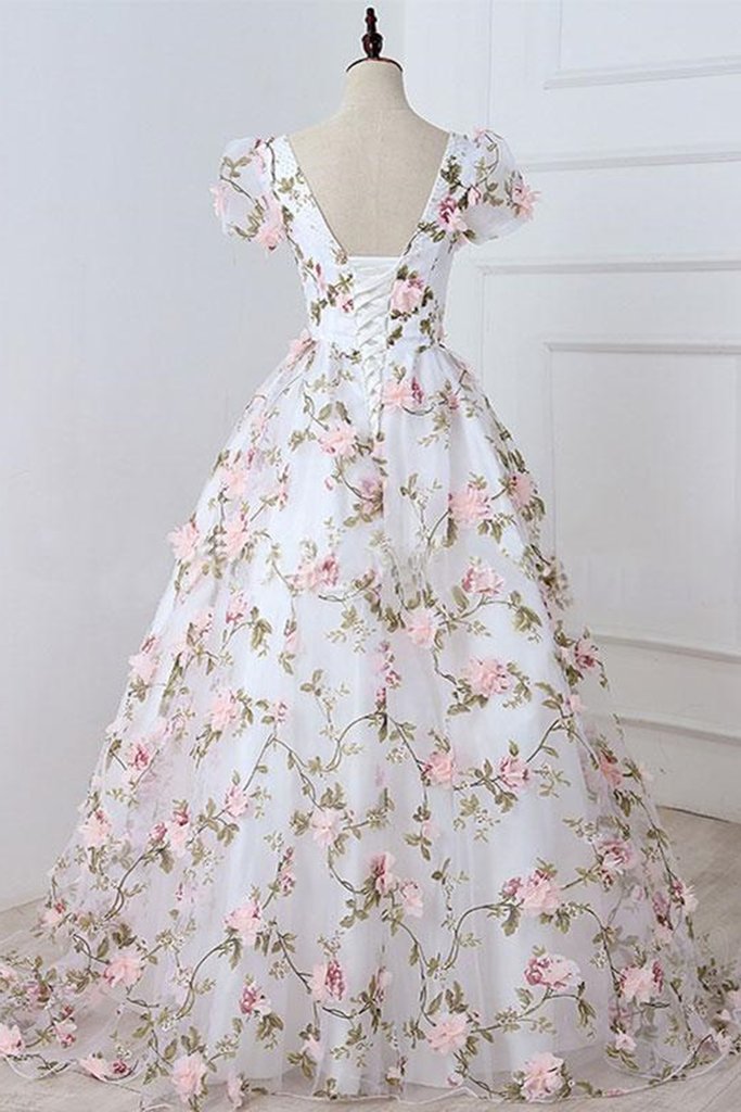Robe de bal longue blanche à manches courtes et col en V, motif floral 3D rose, robe de soirée formelle blanche à col en V et appliqués roses M2695