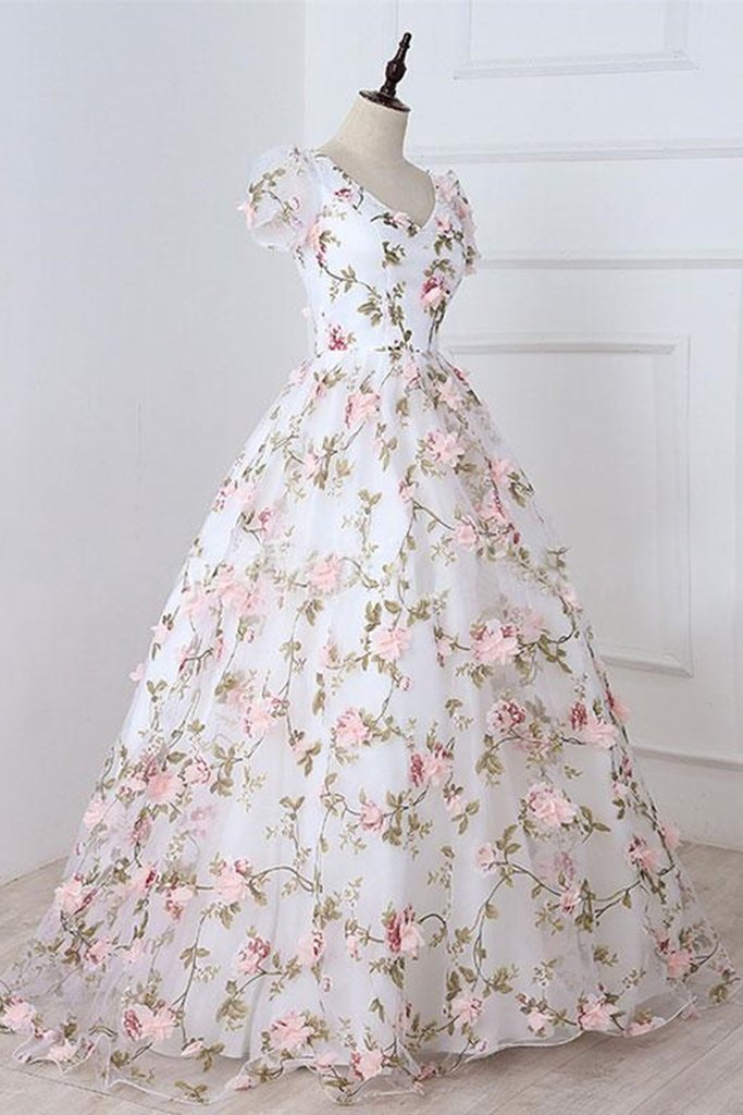 Robe de bal longue blanche à manches courtes et col en V, motif floral 3D rose, robe de soirée formelle blanche à col en V et appliqués roses M2695