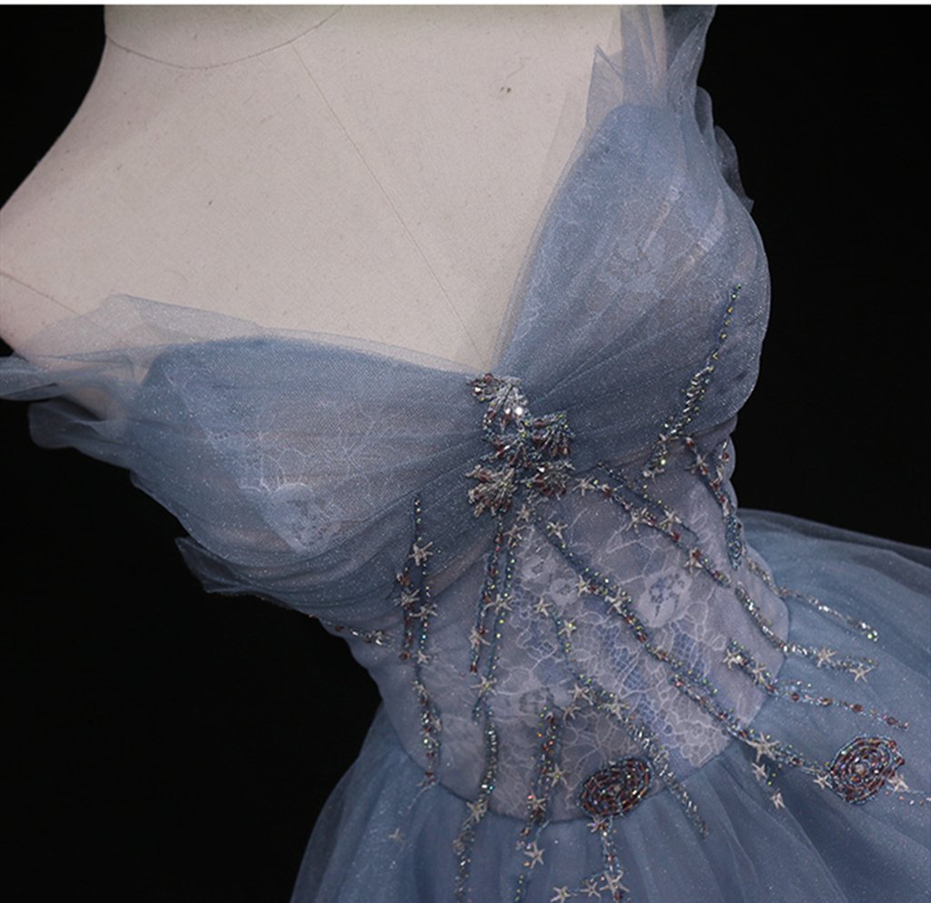 Sweetheart Neck Blue Ombre Tulle Long Prom Dresses, Blue Ombre Long Tulle Formal Evening Dresses M2576