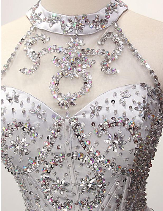 Cheap Silver A Line Jewel Sleeveless Organza Prom Dress with Sequins Crystals M1419