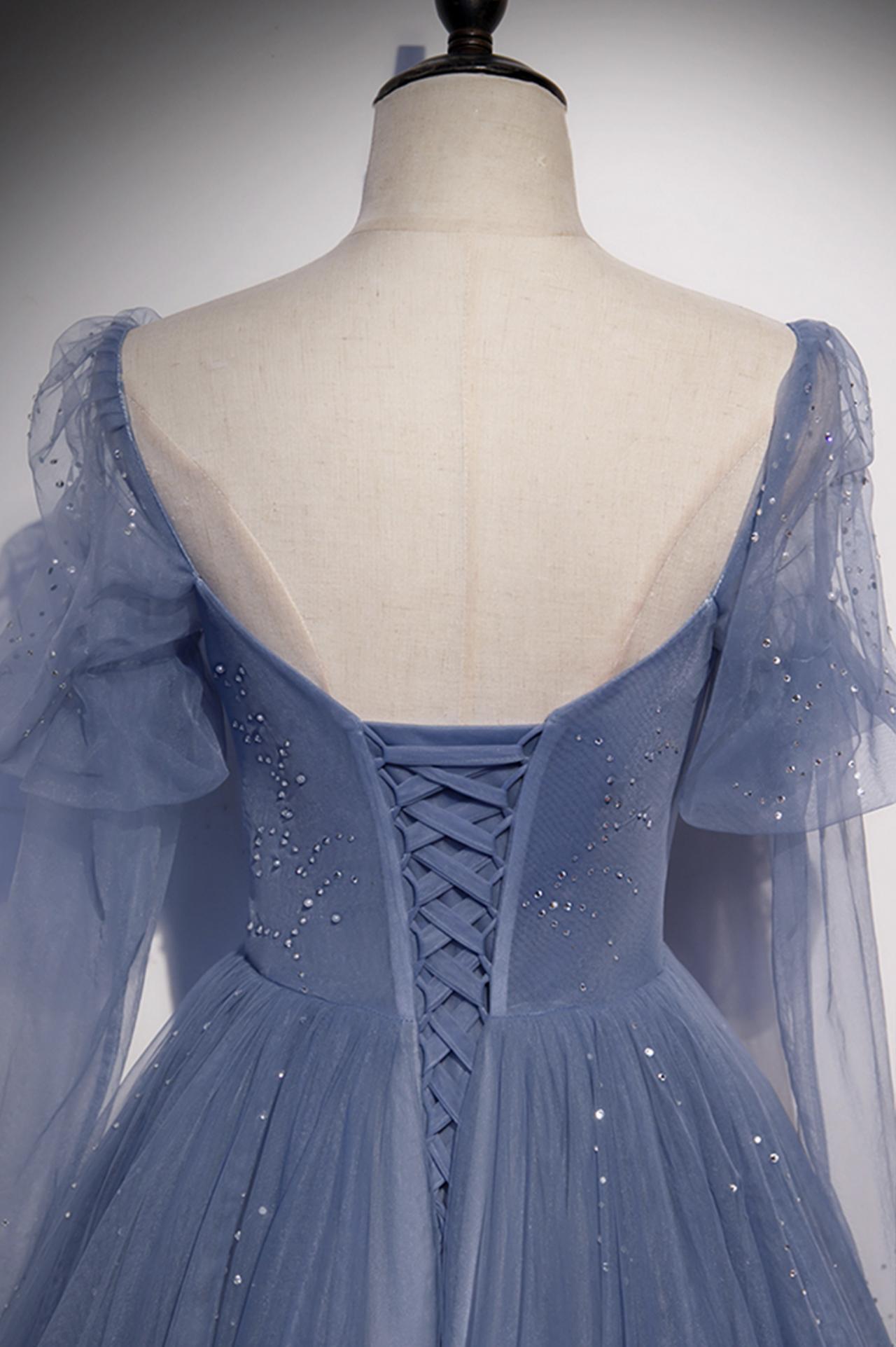 Robe de bal longue en tulle bleu, robe de soirée trapèze M5194