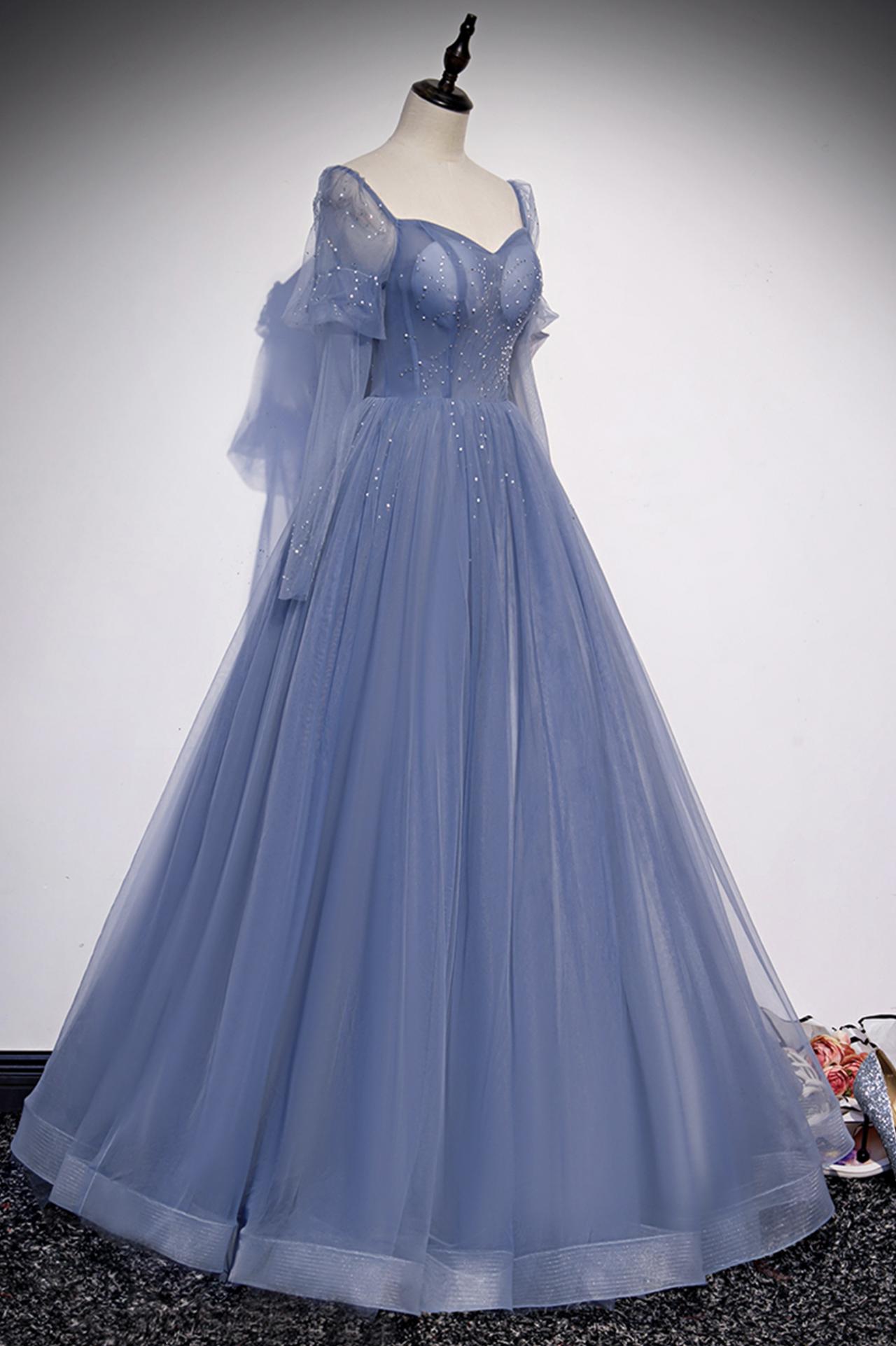 Robe de bal longue en tulle bleu, robe de soirée trapèze M5194